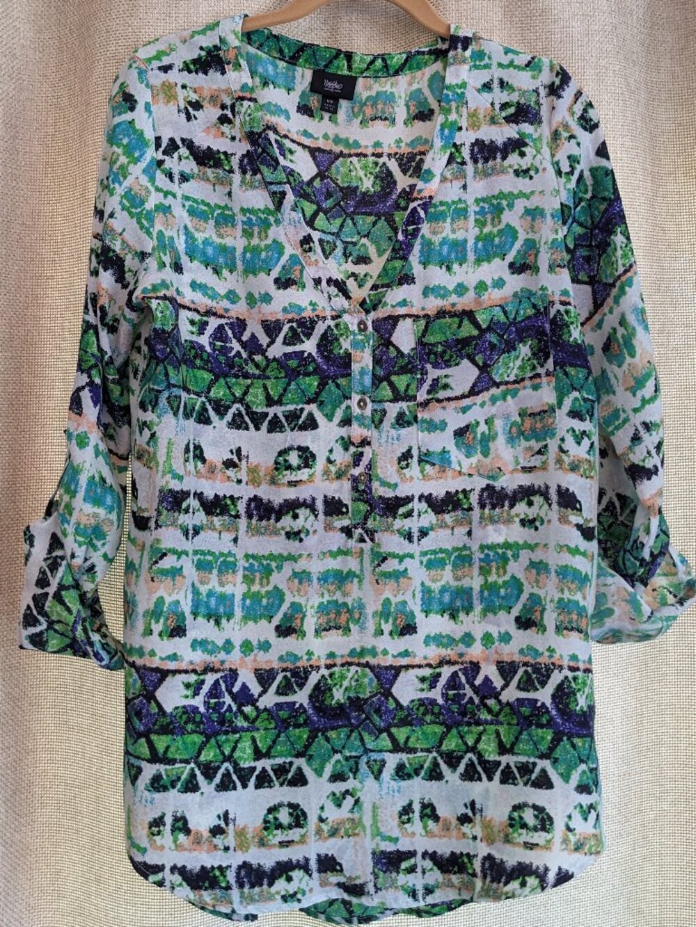 Mossimo Multicolor Rolled Sleeve V-neck 3 Button Up, One Front Pocket, Size M